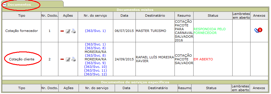 Cotação de cliente cadastrada na guia documentos da Ficha de atendimentos