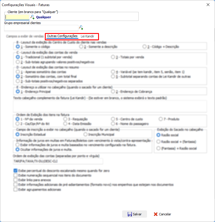 Guias para configurações visuais da Lei kandir na fatura