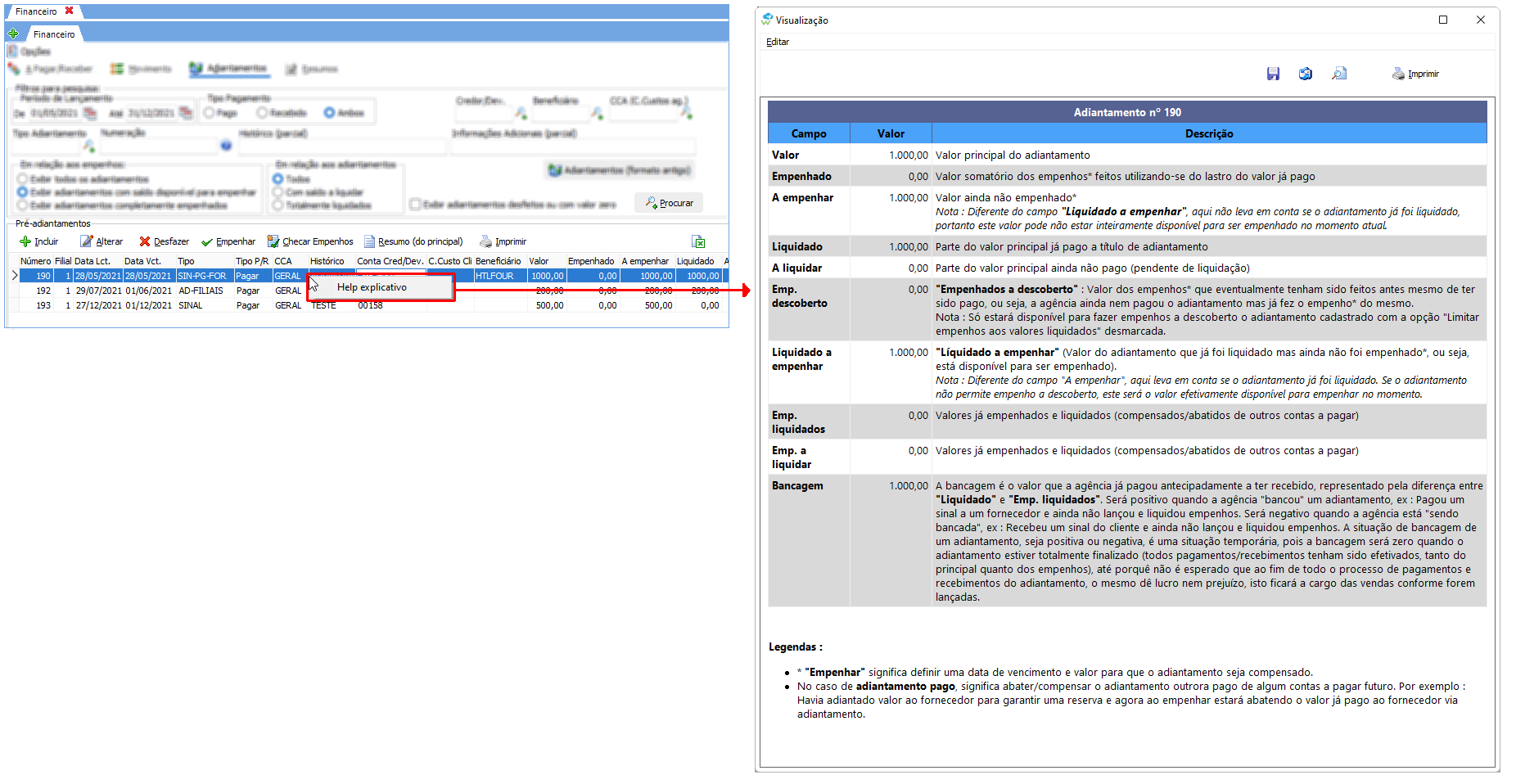 Help Explicativo dos valores dos adiantamentos
