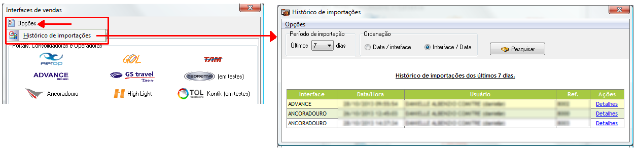 Relatório de histórico de importação de interfaces
