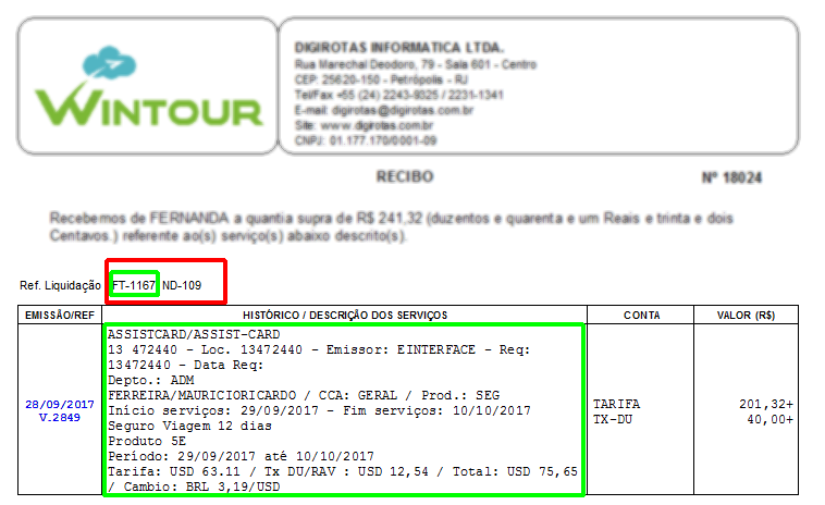 Recibo com dois documentos relacionados, fatura e nota de débito