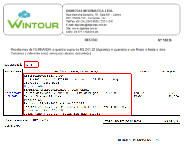 Recibo com nota de débito relacionada