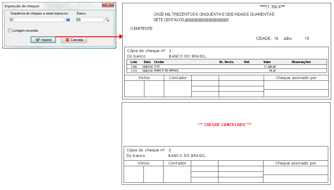 Impressão de cópia de cheques completa