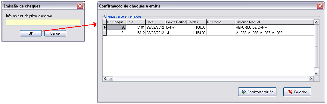 Tela de emissão e confirmação de emissão de cheques dos lotes sem cheques