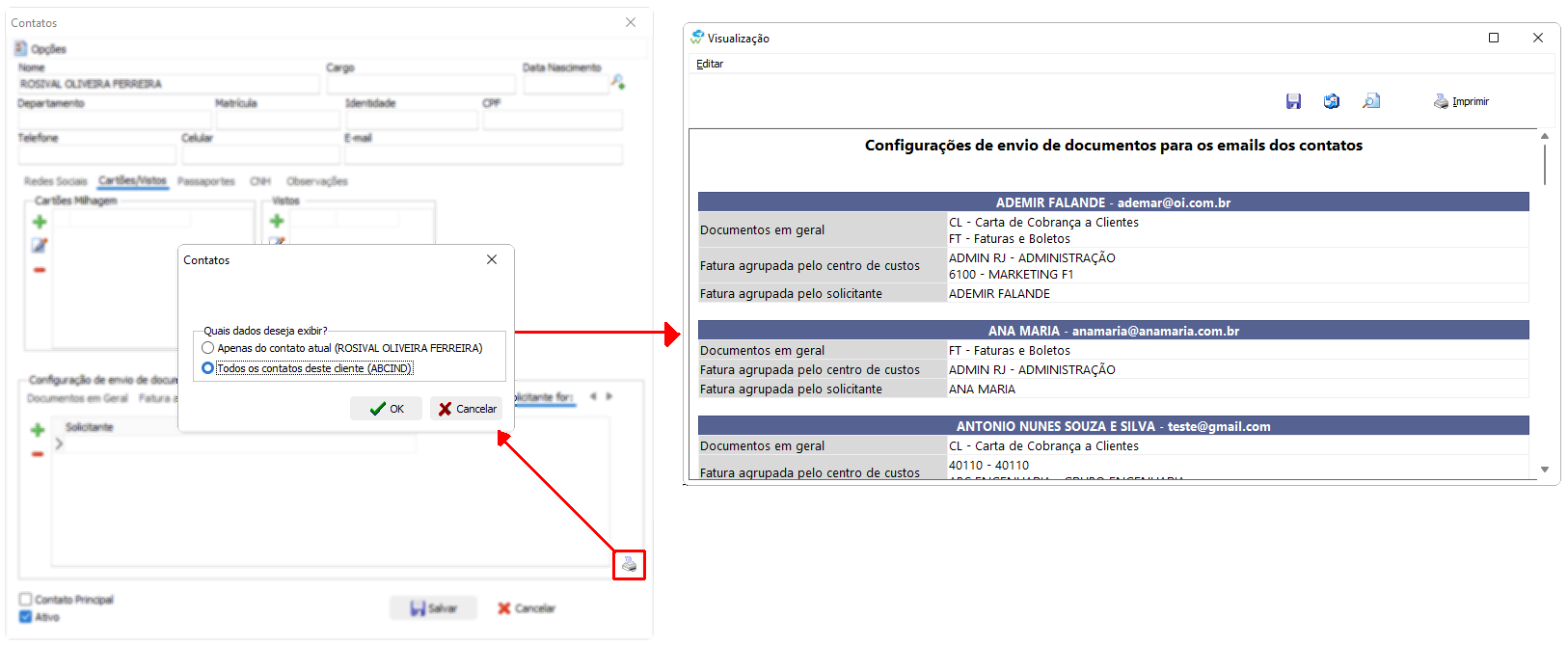Impressão da configuração de envio de documento de contatos