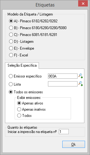 Impressão de etiquetas e listagem de Emissores