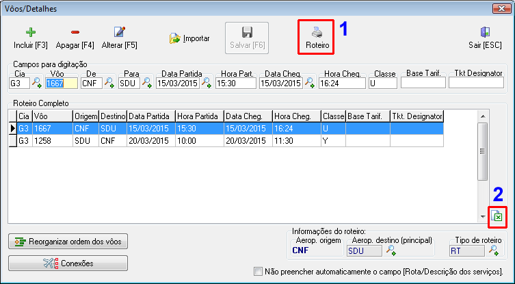 Botões para impressão do roteiro(1) e exportação para excel (2)