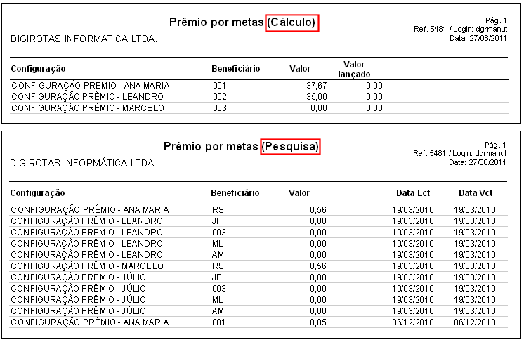 Imprimir resultado de calculo e pesquisa de metas