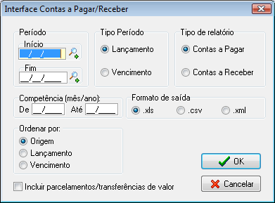 Interface de exportação de dados do contas a pagar/receber