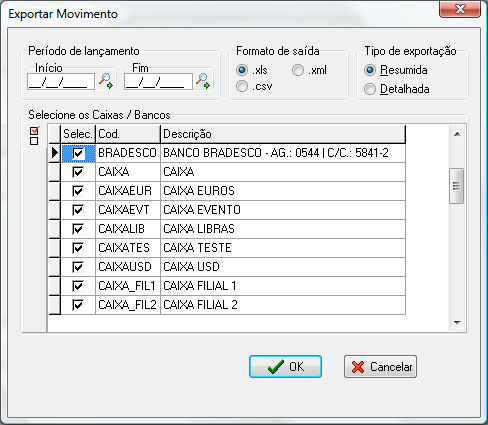 Interface de exportação de dados do movimento financeiro