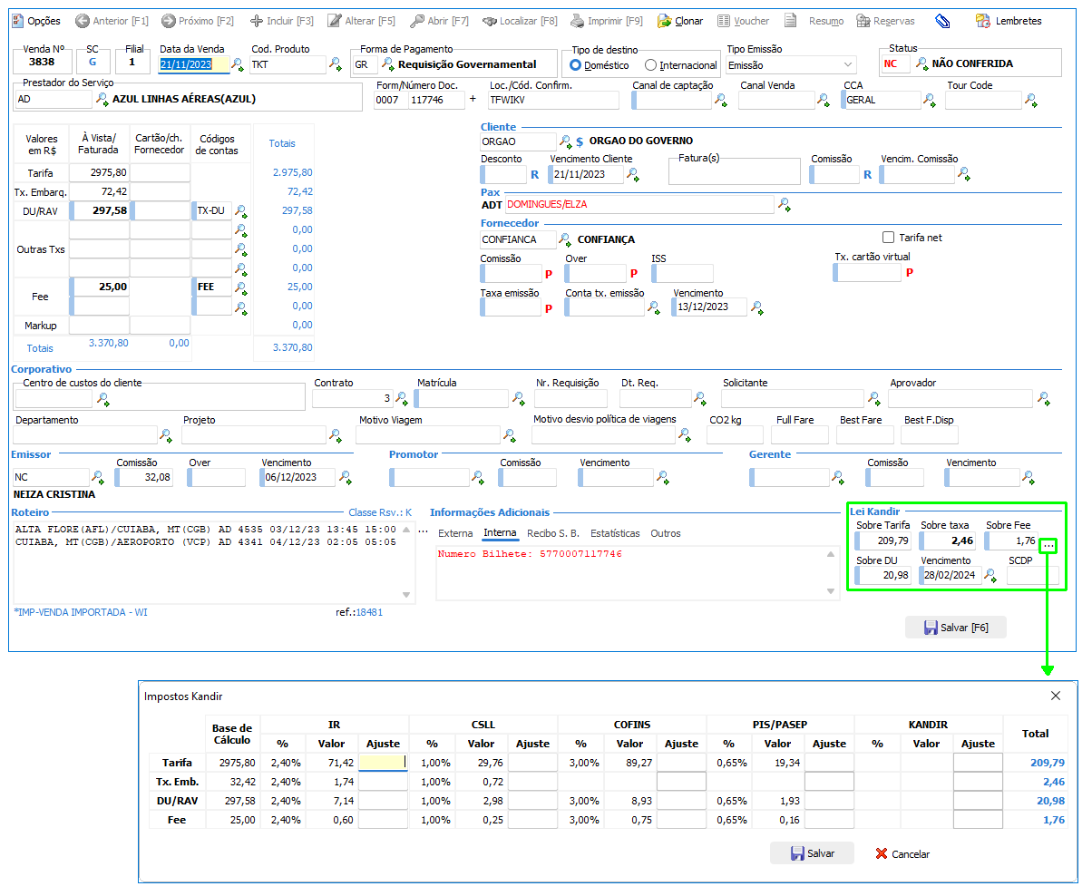 Acesso à tela para ajuste de valores dos impostos de kandir