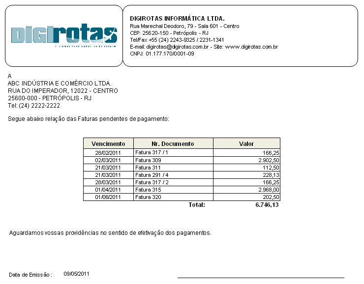 Layout da carta de cobrança das pendencias de fatura/nota de débito de clientes
