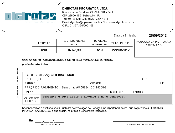 Layout das duplicatas geradas no sistema