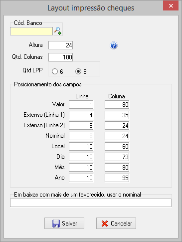 Configuração de layout para impressão de cheques