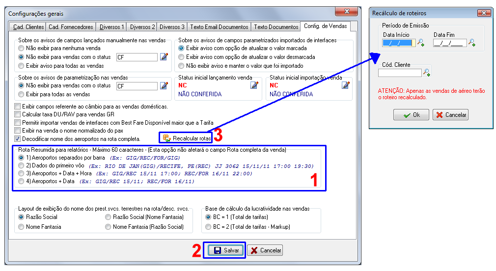 Imagem destacando a configuração da Rota Resumida dos relatórios que contém informações do roteiro aéreo