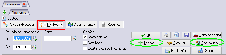 Tela destacando as opções de lançamentos manuais através do movimento financeiro