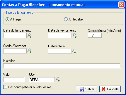 Tela de lançamento manual individual de contas a pagar/receber
