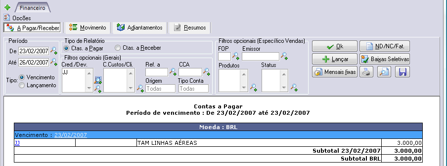 Tela exemplificando o lançamento de contas a pagar a TAM antes da implantação do Wintour