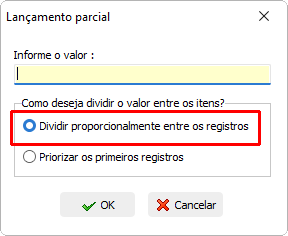 Lan&ccedil;amento parcial, op&ccedil;&atilde;o 'Dividir valor proporcionalmente entre registros'