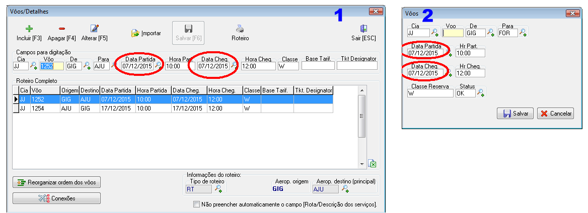 Máscara de venda de aéreo (1) e CRM (2) destacando os campos Data de Partida e Data de Chegada.