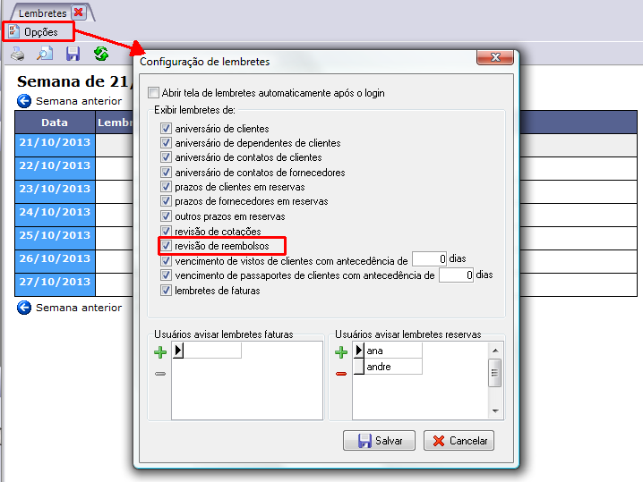 Habilitando lembrete de revisão de reembolso