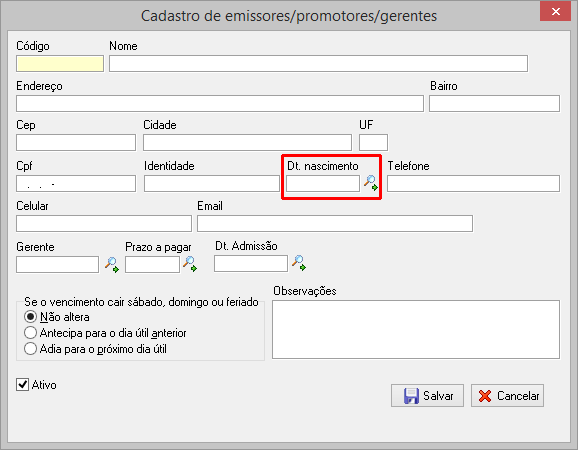 Cadastro de lembretes da data de aniversário dos emissores para exbir lembretes.