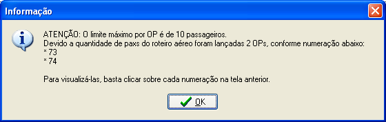 Mensagem informando o número máximo de pasageiros por OP