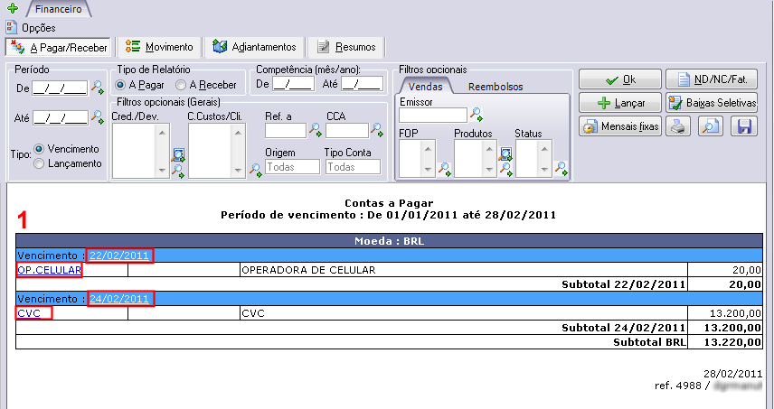 Tela exibindo os links para liquidar os valores