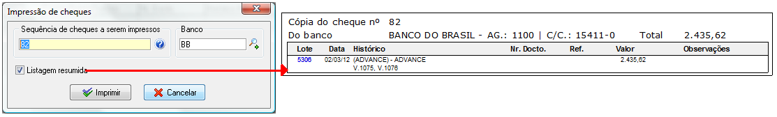 Listagem resumida de cópia de cheques