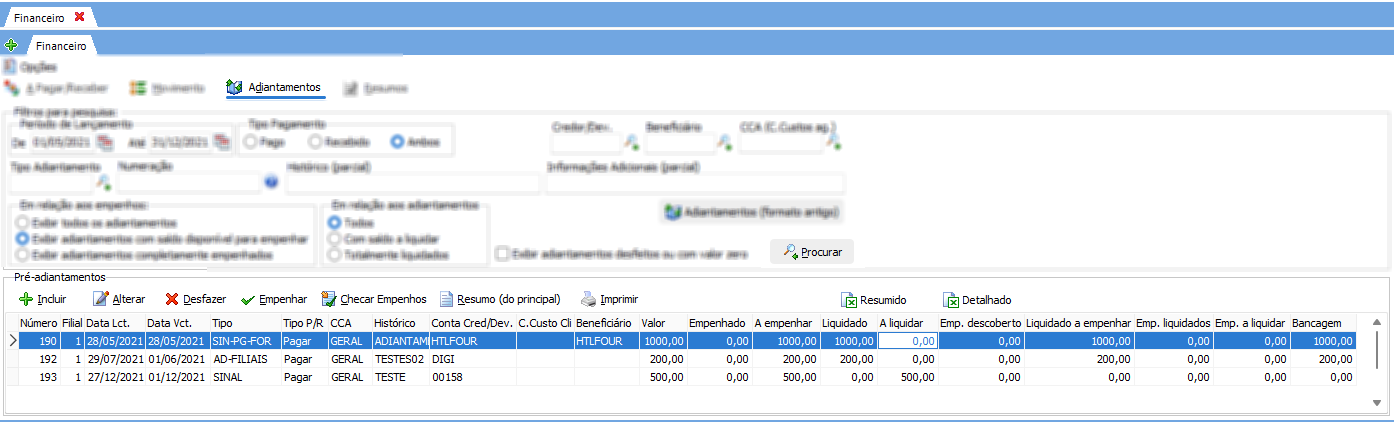 Resultado da listagem de adiantamentos.