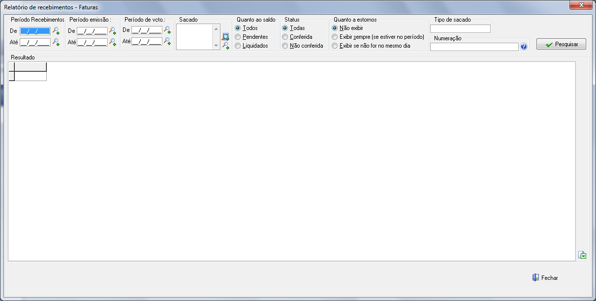 Listagem de baixas e liquidações de Faturas, nota de crédito e PCs