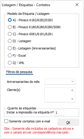 Listagem e etiquetas de contatos de clientes