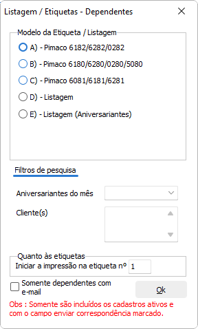 Listagem e etiquetas de dependentes