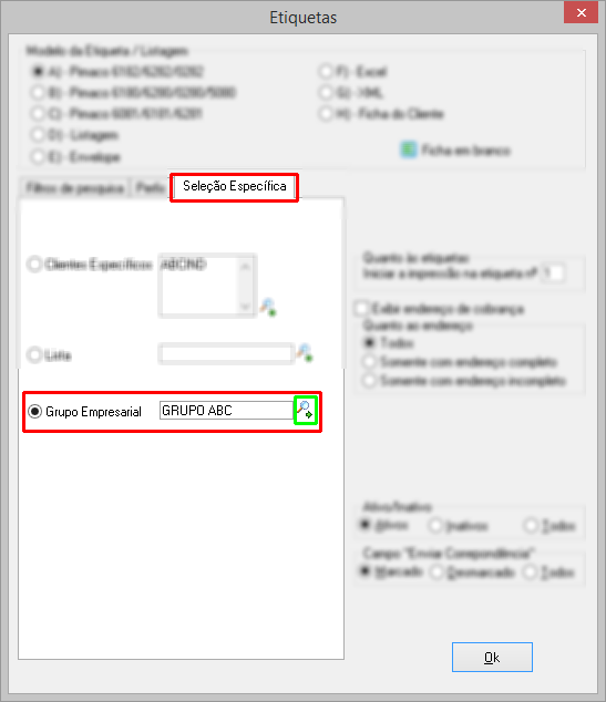 Etiquetas/Listagem com seleção específica por grupo empresarial