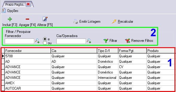 O conteúdo da listagem será igual aos itens que estiverem listados na tela principal do cadastro (1).