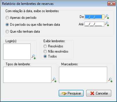 Tela de pesquisa de lembretes da reserva