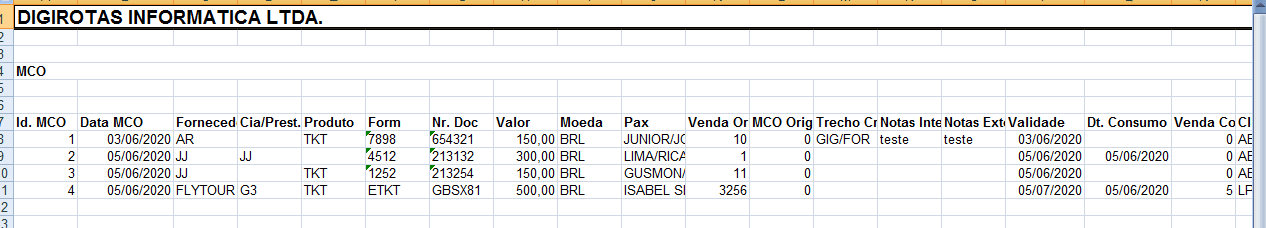 Exemplo de Listagem de MCO em formato de planilha excel