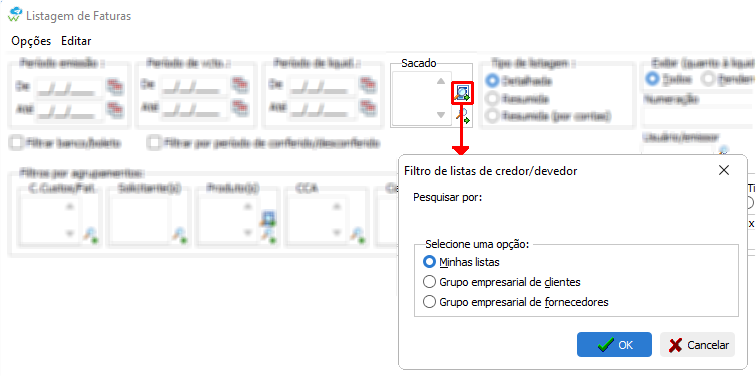 Filtro de lista de credor/devedor