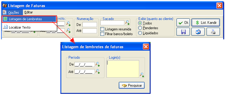 Tela para pesquisa da listagem de lembretes de faturas