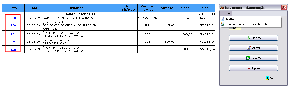 Imagem exibindo os lotes e as opções dos lotes