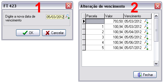 Alterando data de vencimento de uma fatura sem parcela (1) e em uma fatura parcelada (2)