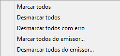 Opções para marcar/desmarcar as emissões da pré-tela de importação