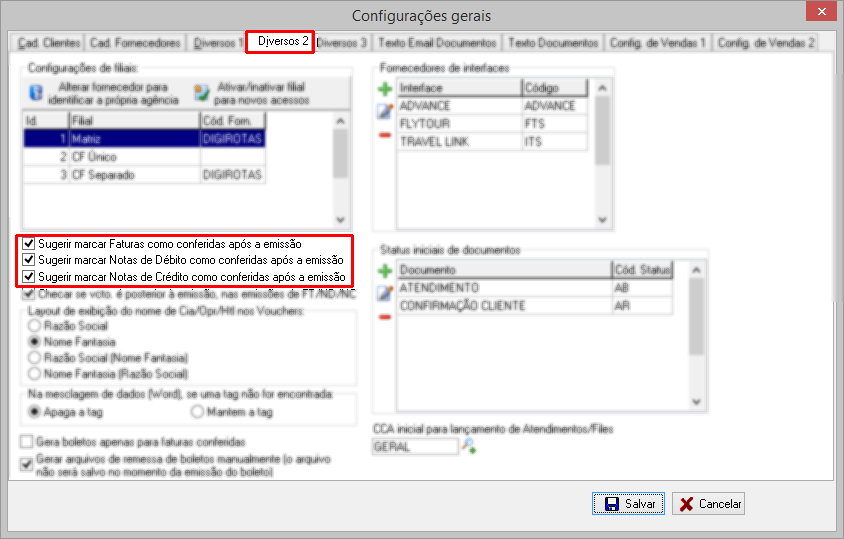 Pré configurando para exibir a mensagem Marcar conferido após emissão dos documentos