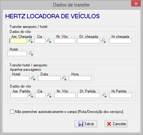 Tela exibindo a máscara de Transfer de aeroporto / hotel / aeroporto