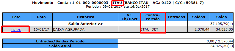 Tela de movimento da conta caixa após baixa