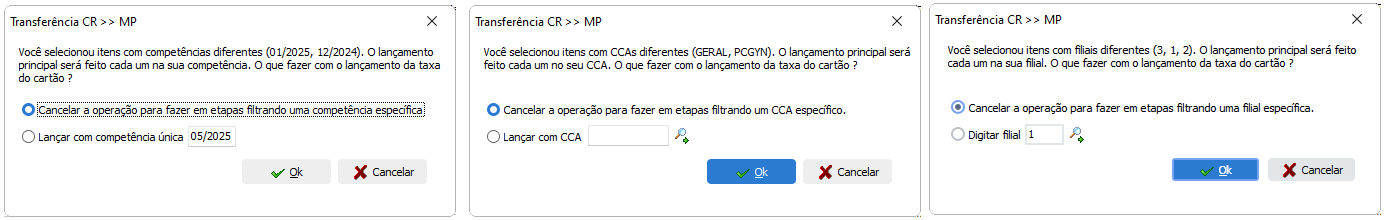 Mensagens que podem ser exibidas durante a transferência de contas a receber para máquina própria