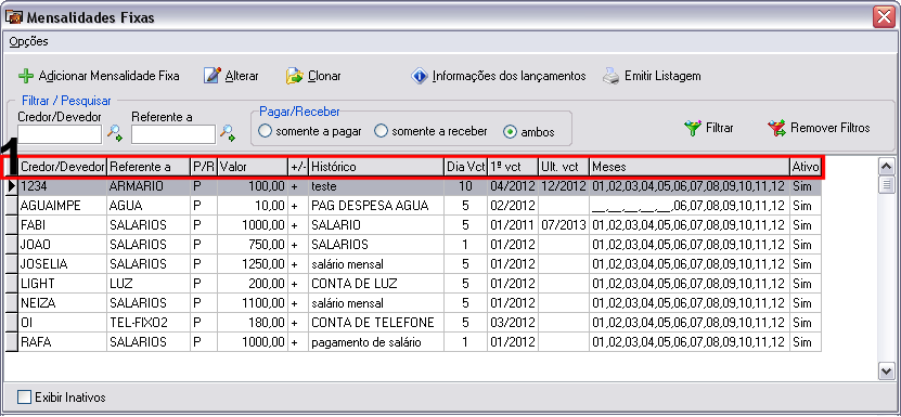 Imagem exibindo a tela principal do módulo de Mensalidades Fixas