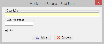 Cadastro de Motivo de Recusa Viagens das vendas dos passageiros