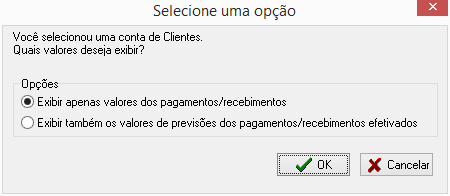 Tela de seleção de opção para exibir movimento de contas que não sejam de Caixa/Banco