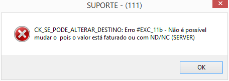 Mensagem de alerta para alteração de destino cp/cr de item que consta em documento